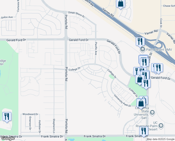map of restaurants, bars, coffee shops, grocery stores, and more near 75153 Aldrich Drive in Palm Desert