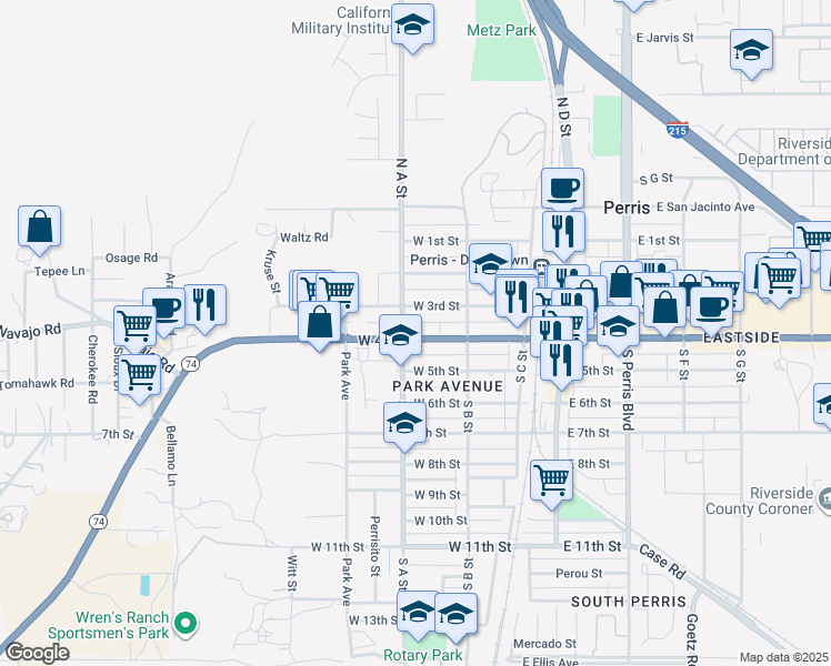 map of restaurants, bars, coffee shops, grocery stores, and more near 378 West 4th Street in Perris