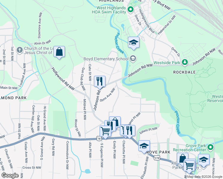 map of restaurants, bars, coffee shops, grocery stores, and more near 1026 Sims Avenue Northwest in Atlanta