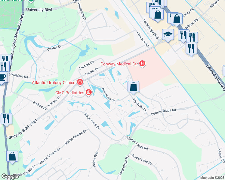 map of restaurants, bars, coffee shops, grocery stores, and more near 251 Myrtle Greens Drive in Conway