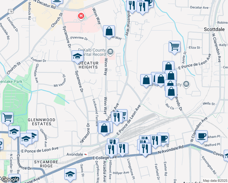 map of restaurants, bars, coffee shops, grocery stores, and more near 250 North Arcadia Avenue in Decatur