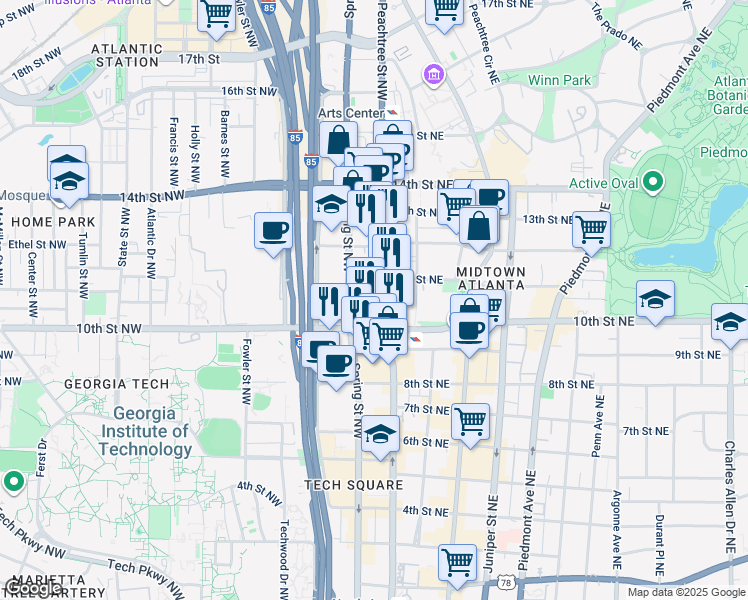 map of restaurants, bars, coffee shops, grocery stores, and more near 1018 West Peachtree Street Northwest in Atlanta