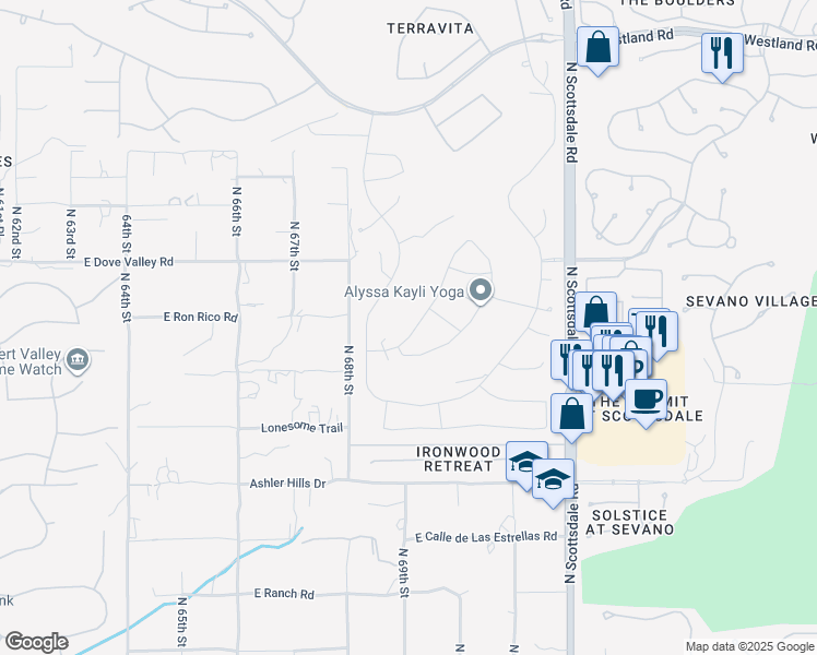 map of restaurants, bars, coffee shops, grocery stores, and more near 6915 East Bramble Berry Lane in Scottsdale