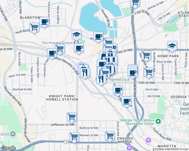 map of restaurants, bars, coffee shops, grocery stores, and more near 1008 Brady Avenue Northwest in Atlanta