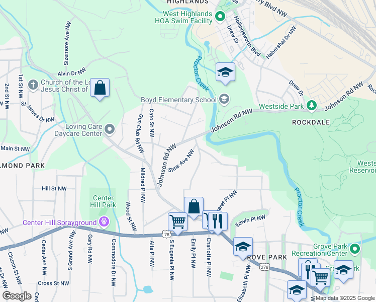 map of restaurants, bars, coffee shops, grocery stores, and more near 1026 Sims Avenue Northwest in Atlanta