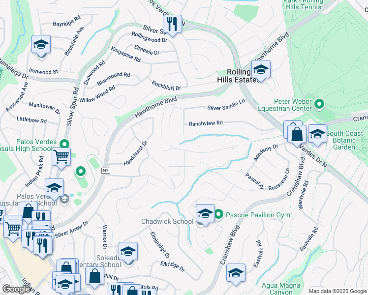 map of restaurants, bars, coffee shops, grocery stores, and more near 34 Shady Vista Road in Rolling Hills Estates