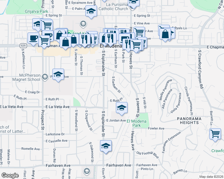 map of restaurants, bars, coffee shops, grocery stores, and more near 362 South Earlham Street in Orange