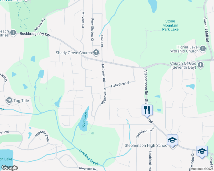 map of restaurants, bars, coffee shops, grocery stores, and more near 6226 Field Glen Road in Stone Mountain