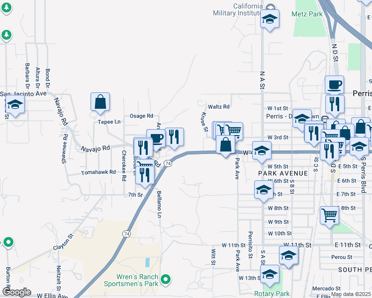 map of restaurants, bars, coffee shops, grocery stores, and more near 2 East 4th Street in Perris