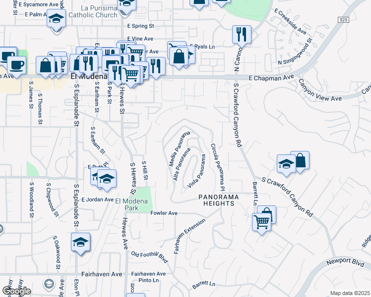 map of restaurants, bars, coffee shops, grocery stores, and more near 12282 Alta Panorama in Santa Ana