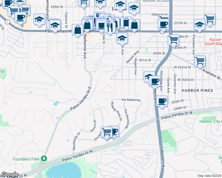 map of restaurants, bars, coffee shops, grocery stores, and more near 2048 264th Street in Lomita