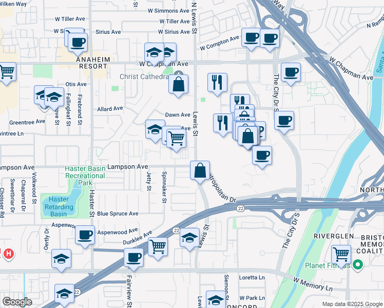 map of restaurants, bars, coffee shops, grocery stores, and more near 12437 South Lewis Street in Garden Grove