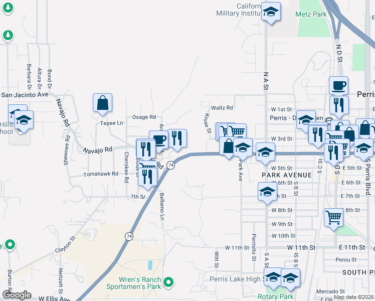 map of restaurants, bars, coffee shops, grocery stores, and more near 2 East 4th Street in Perris