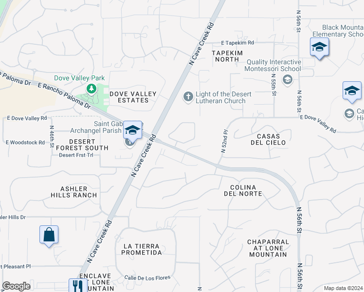 map of restaurants, bars, coffee shops, grocery stores, and more near 5100 East Rancho Paloma Parkway in Cave Creek