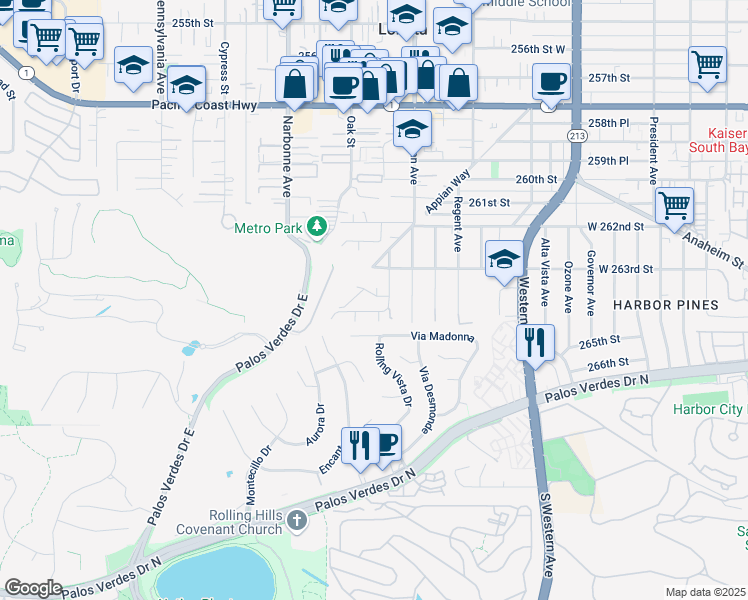 map of restaurants, bars, coffee shops, grocery stores, and more near 2048 264th Street in Lomita