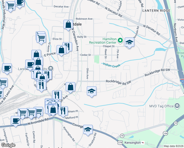 map of restaurants, bars, coffee shops, grocery stores, and more near 276 Third Avenue in Avondale Estates