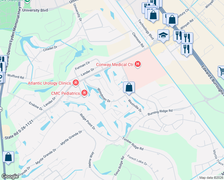 map of restaurants, bars, coffee shops, grocery stores, and more near 175 Westville Drive in Conway