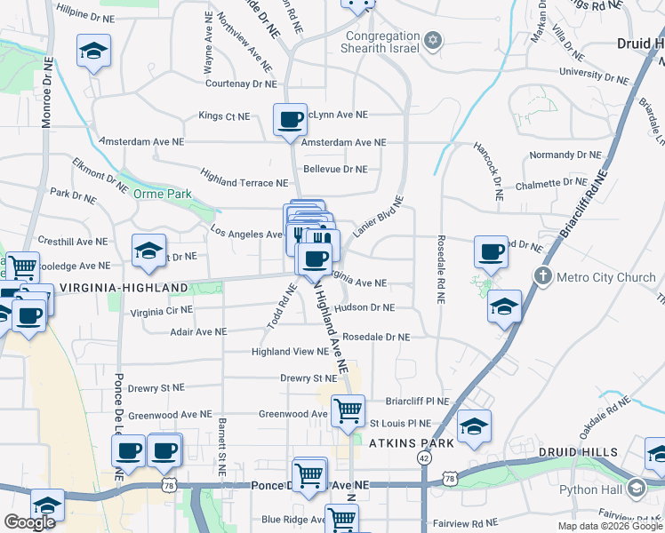 map of restaurants, bars, coffee shops, grocery stores, and more near 1034 Virginia Avenue Northeast in Atlanta