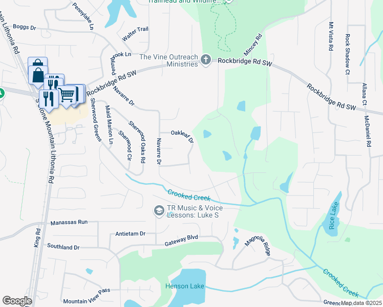 map of restaurants, bars, coffee shops, grocery stores, and more near 5888 Oakleaf Drive in Stone Mountain