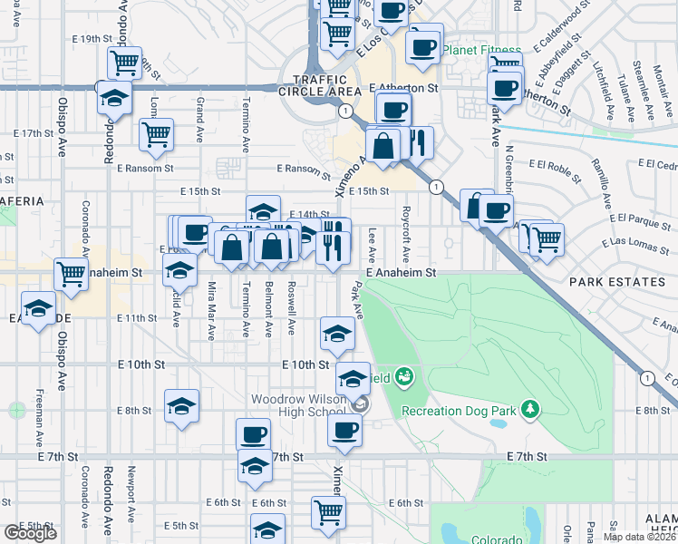 map of restaurants, bars, coffee shops, grocery stores, and more near E Anaheim St & Ximeno Ave in Long Beach