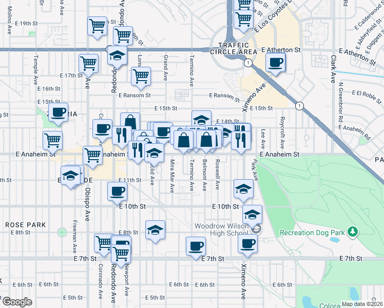 map of restaurants, bars, coffee shops, grocery stores, and more near E Anaheim St & Termino Ave in Long Beach