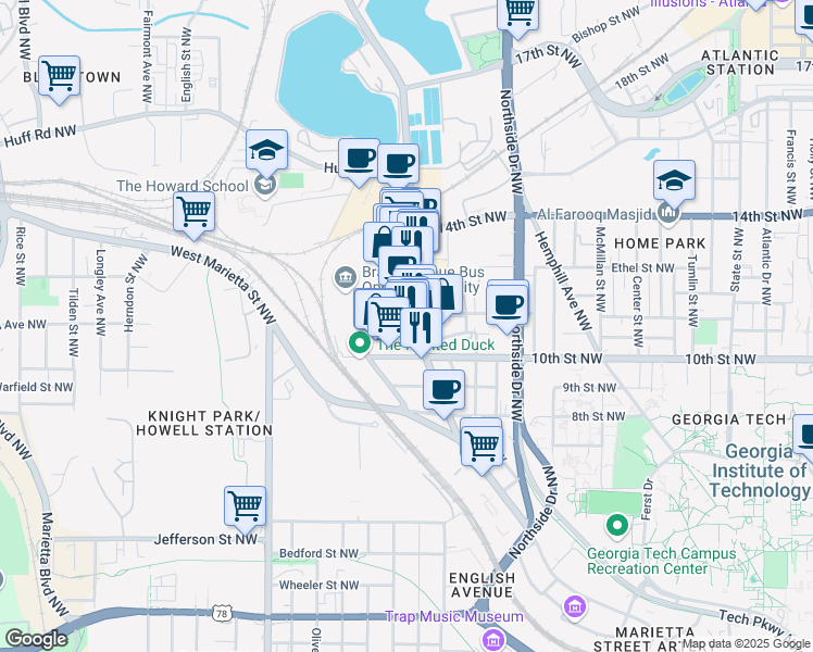 map of restaurants, bars, coffee shops, grocery stores, and more near 1075 Brady Avenue Northwest in Atlanta