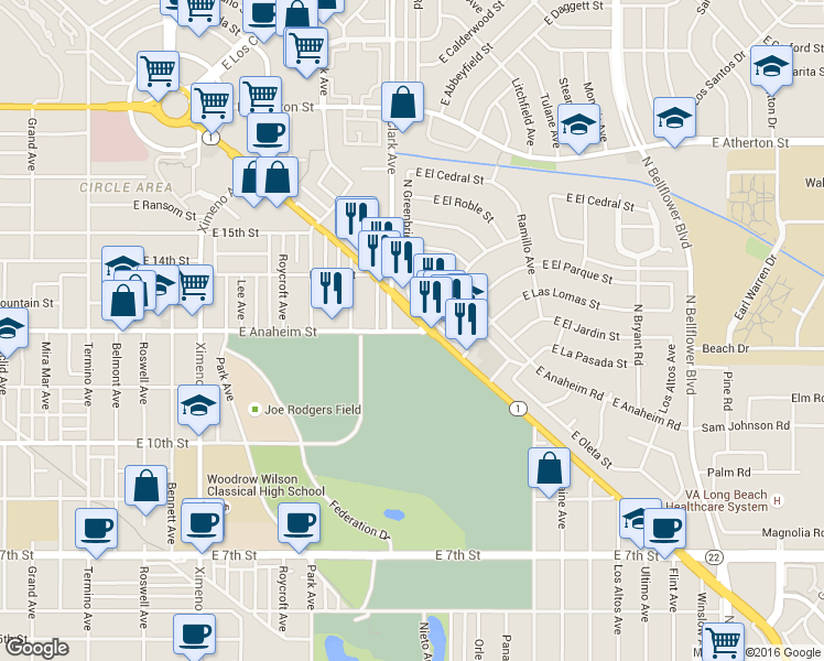 map of restaurants, bars, coffee shops, grocery stores, and more near 5153 East Anaheim Street in Long Beach