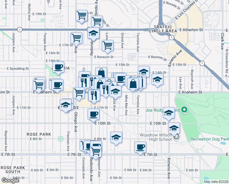 map of restaurants, bars, coffee shops, grocery stores, and more near East Anaheim Street & Euclid Avenue in Long Beach