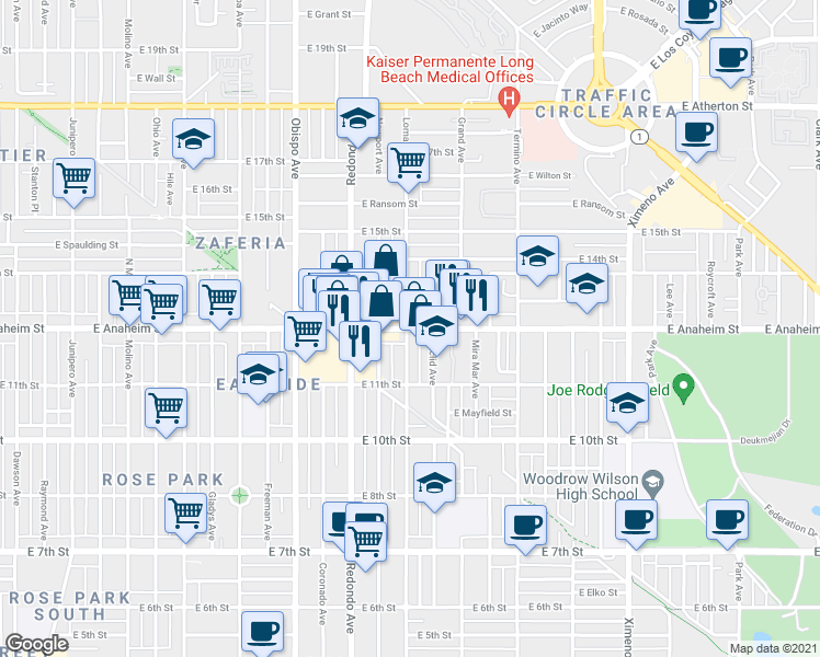 map of restaurants, bars, coffee shops, grocery stores, and more near East Anaheim Street in Long Beach