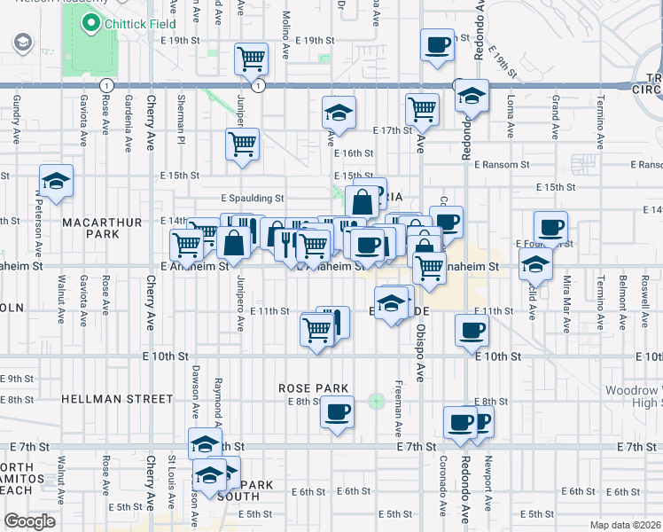 map of restaurants, bars, coffee shops, grocery stores, and more near E Anaheim St & Temple Ave in Long Beach