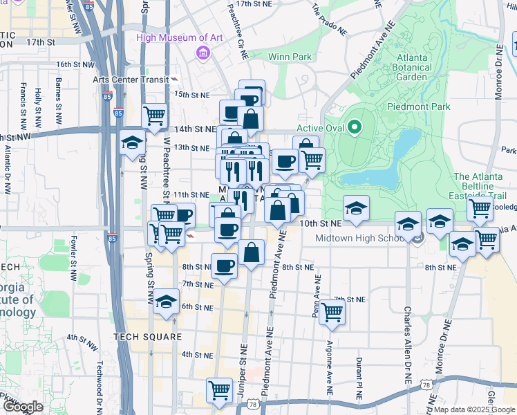 map of restaurants, bars, coffee shops, grocery stores, and more near 1015 Juniper Street Northeast in Atlanta