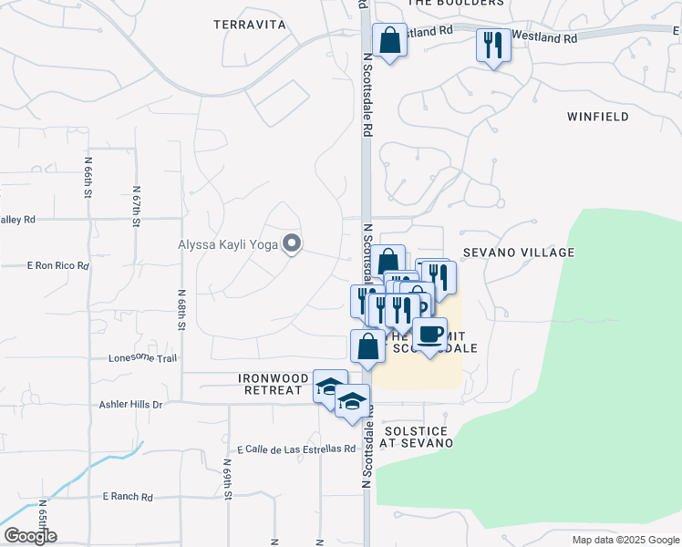 map of restaurants, bars, coffee shops, grocery stores, and more near 7111 East Sienna Bouquet Place in Scottsdale