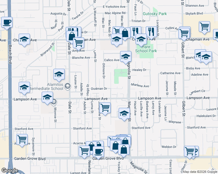 map of restaurants, bars, coffee shops, grocery stores, and more near 12362 Pentagon Street in Garden Grove