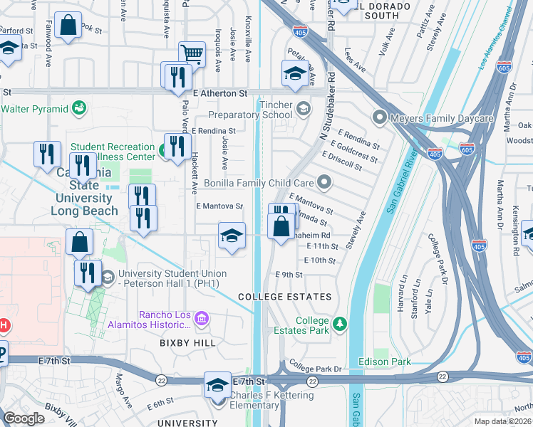 map of restaurants, bars, coffee shops, grocery stores, and more near 1256 North Studebaker Road in Long Beach