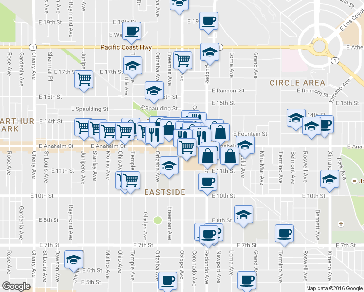 map of restaurants, bars, coffee shops, grocery stores, and more near 3123 East Anaheim Street in Long Beach