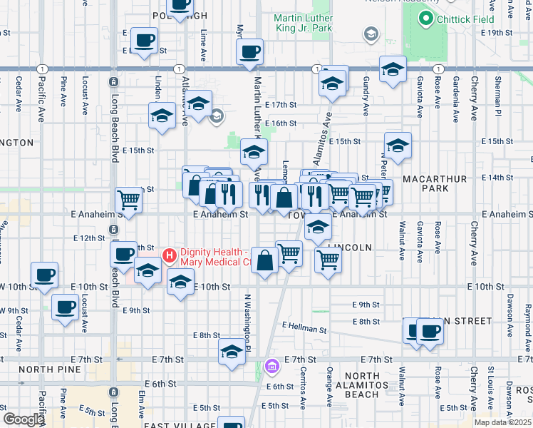 map of restaurants, bars, coffee shops, grocery stores, and more near 1326 Martin Luther King Junior Avenue in Long Beach