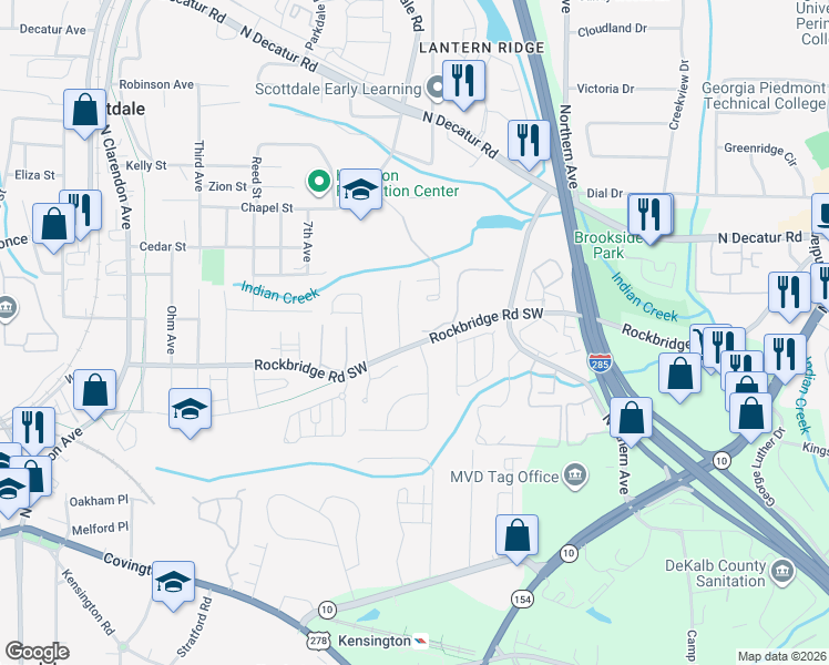 map of restaurants, bars, coffee shops, grocery stores, and more near 3410 Burdett Court in Avondale Estates