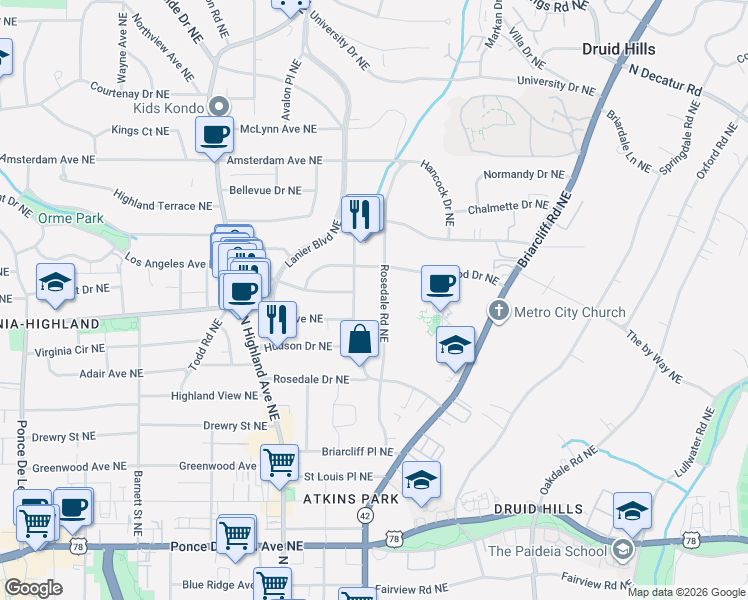 map of restaurants, bars, coffee shops, grocery stores, and more near 1039 Rosedale Road Northeast in Atlanta