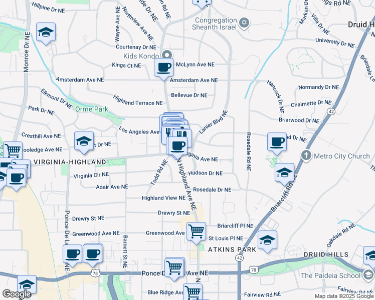 map of restaurants, bars, coffee shops, grocery stores, and more near 1045 North Highland Avenue Northeast in Atlanta