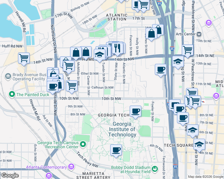map of restaurants, bars, coffee shops, grocery stores, and more near 1031 State Street Northwest in Atlanta