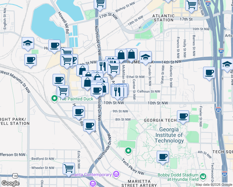 map of restaurants, bars, coffee shops, grocery stores, and more near 1033 Hemphill Avenue Northwest in Atlanta