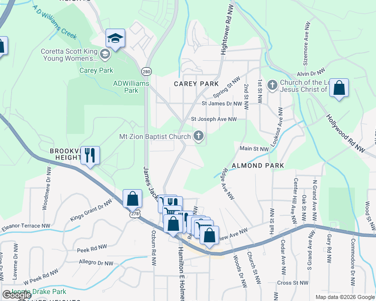 map of restaurants, bars, coffee shops, grocery stores, and more near 2589 James Drive Northwest in Atlanta