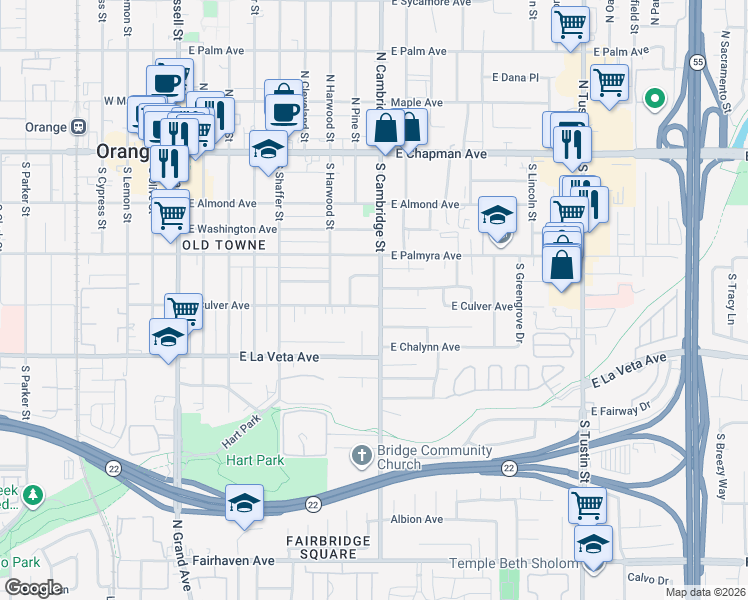 map of restaurants, bars, coffee shops, grocery stores, and more near 902 East Van Bibber Avenue in Orange