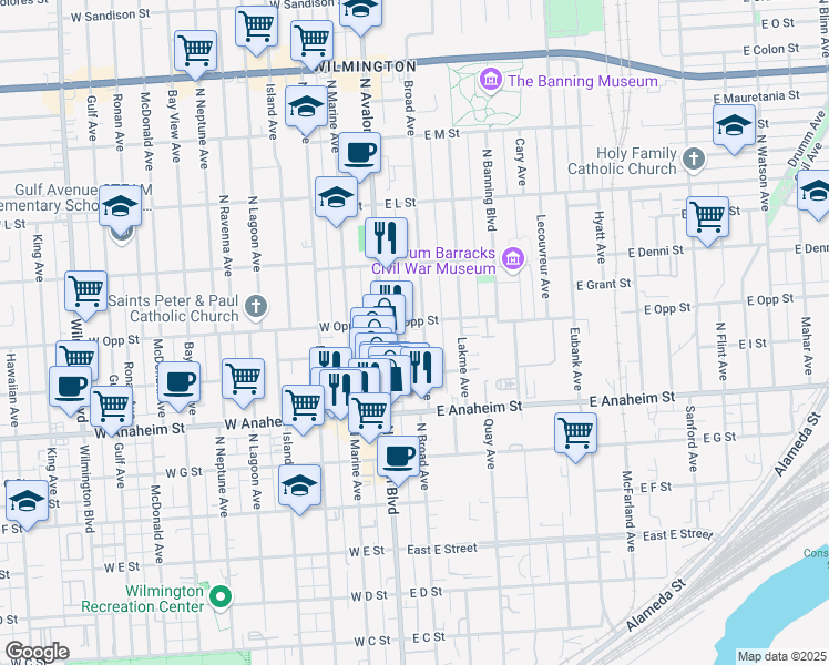map of restaurants, bars, coffee shops, grocery stores, and more near 943 Broad Avenue in Los Angeles
