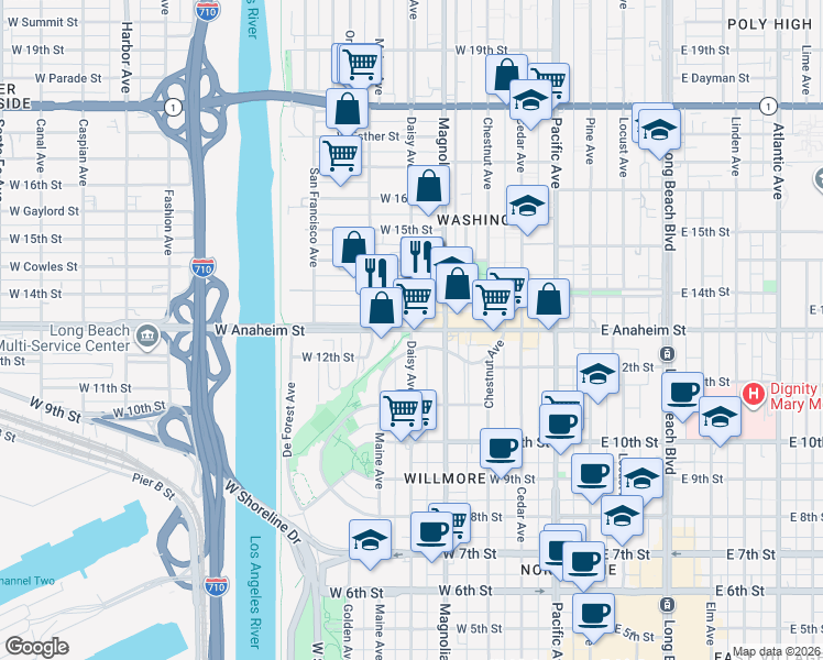 map of restaurants, bars, coffee shops, grocery stores, and more near Daisy Ave & W Anaheim St in Long Beach
