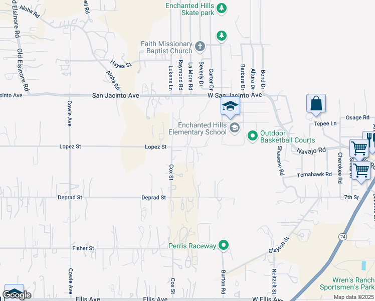 map of restaurants, bars, coffee shops, grocery stores, and more near Lopez Street in Perris
