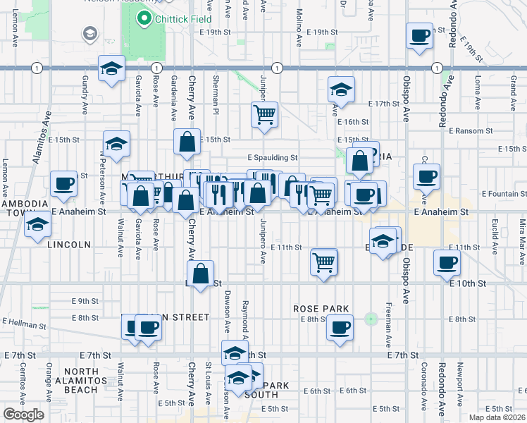 map of restaurants, bars, coffee shops, grocery stores, and more near E Anaheim St & Junipero Ave in Long Beach