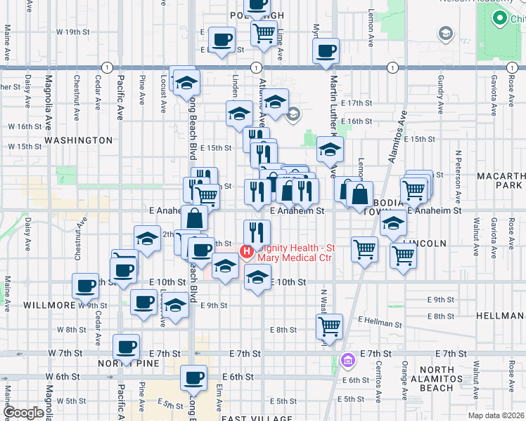 map of restaurants, bars, coffee shops, grocery stores, and more near 1300 Atlantic Avenue in Long Beach