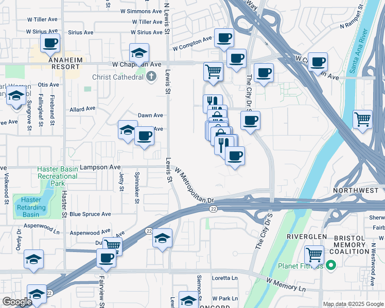 map of restaurants, bars, coffee shops, grocery stores, and more near 505 City Parkway West in Orange