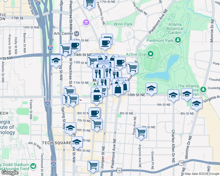 map of restaurants, bars, coffee shops, grocery stores, and more near in Atlanta